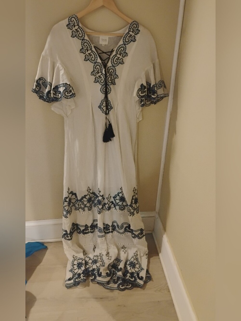 TRYB 212 Anthropologie Milagros Lace Up Short Sleeve Embroidered Maxi Dress S